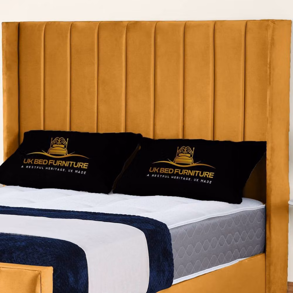 UK Bed Furniture Empire Winged Slatted Base Upholstered Bed in Yellow Velvet, W/D/H: 140 x 200 cm – 2