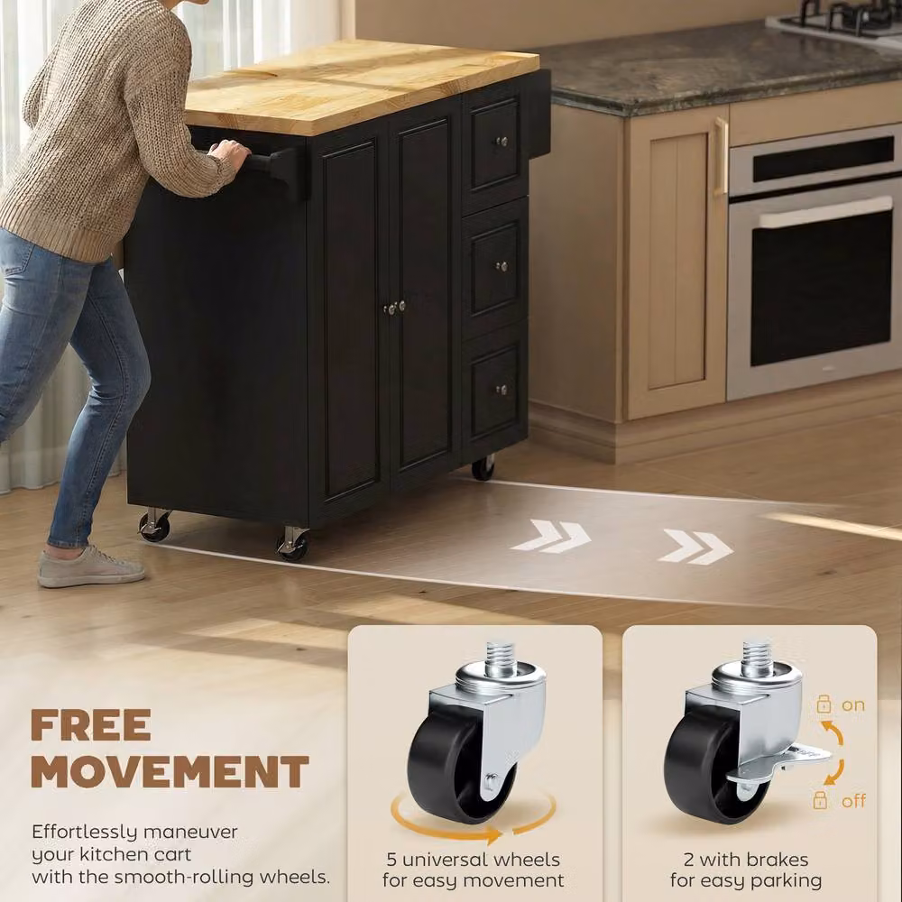 STILVORA Modern Black Kitchen Island with Rubberwood Drawers and Drop Leaf – 6