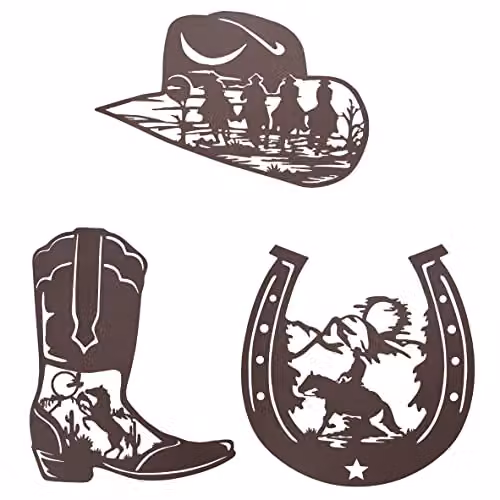 VinSees Set of 3 Rustic Brown Metal Western Wall Art Decor featuring Cowboy Boots, Cowboy Hats and Horses