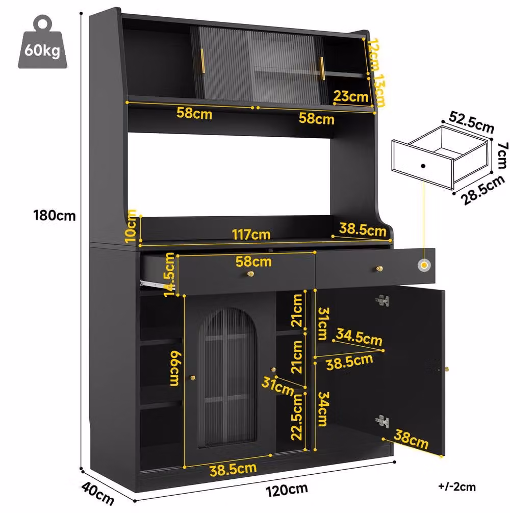 STILVORA Modern Black Kitchen Base Cabinet with Sliding Glass Doors, Integrated Lighting and Internal Drawers – 3