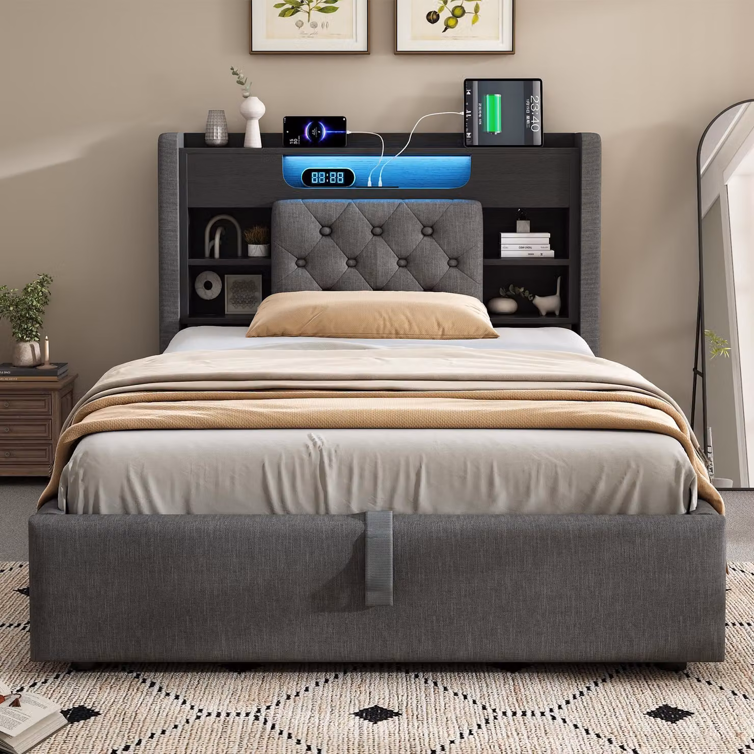 Aosom UK Grey Upholstered Linen Double Bed Frame with Hydraulic Under-Bed Storage, Ambient LED Lighting and USB Charging Port, W/D/H: 143 x 213 x 115 cm – 6