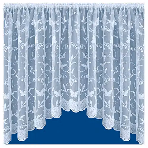 Tyrone Textiles Hawaii Jardiniere White Butterfly and Leaf Floral Net Lace Curtain, Width: 254 cm, Drop: 91 cm