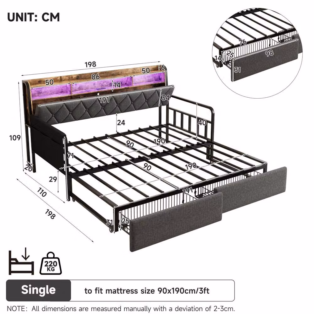 STILVORA Grey Fabric Single Daybed with Storage Drawers, LED Lighting and USB Charging Station, W/D/H: 90 x 190 cm – 2