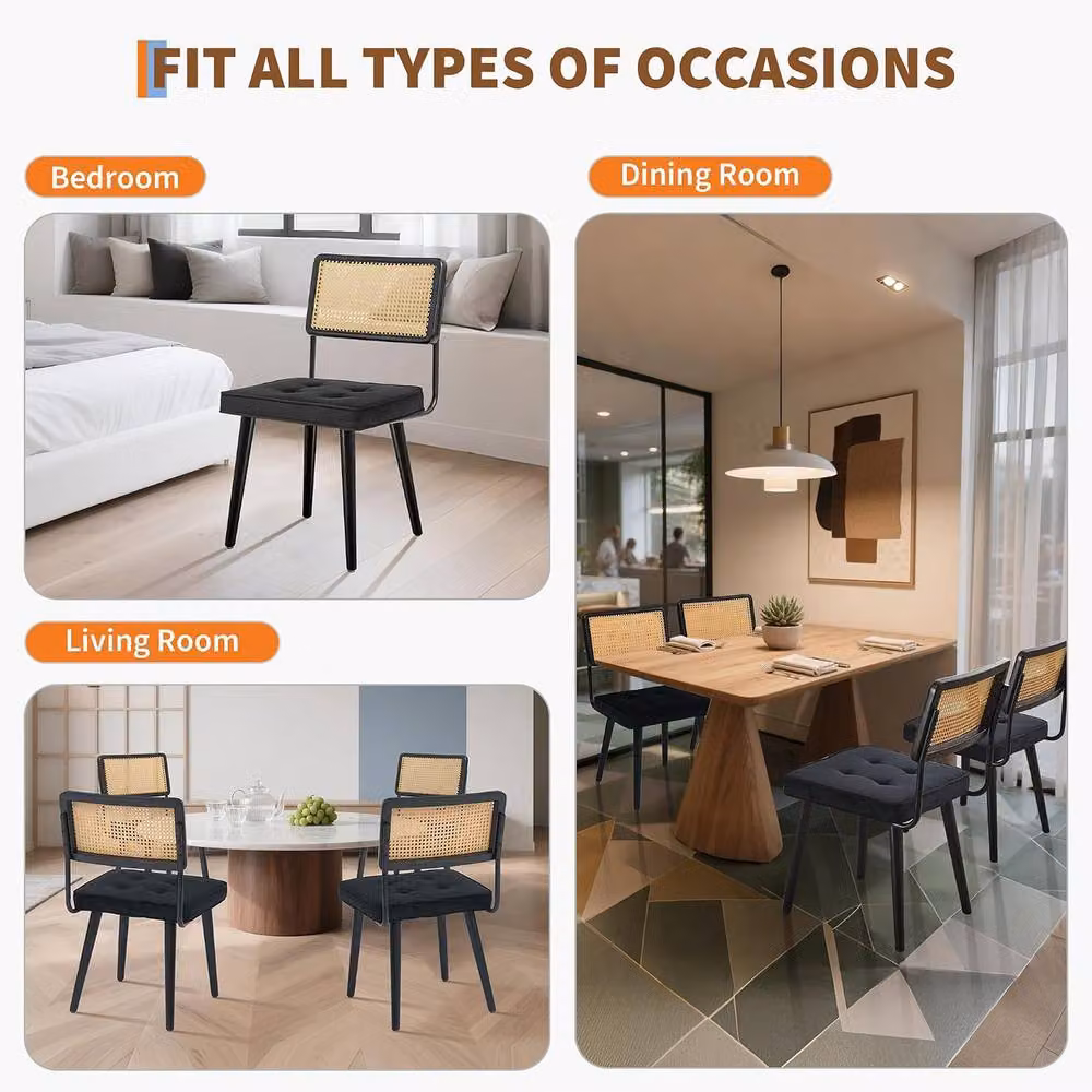 London Boutique Set of 2 Black Velvet Upholstered Rattan Dining Chairs with Rubberwood Legs – 5