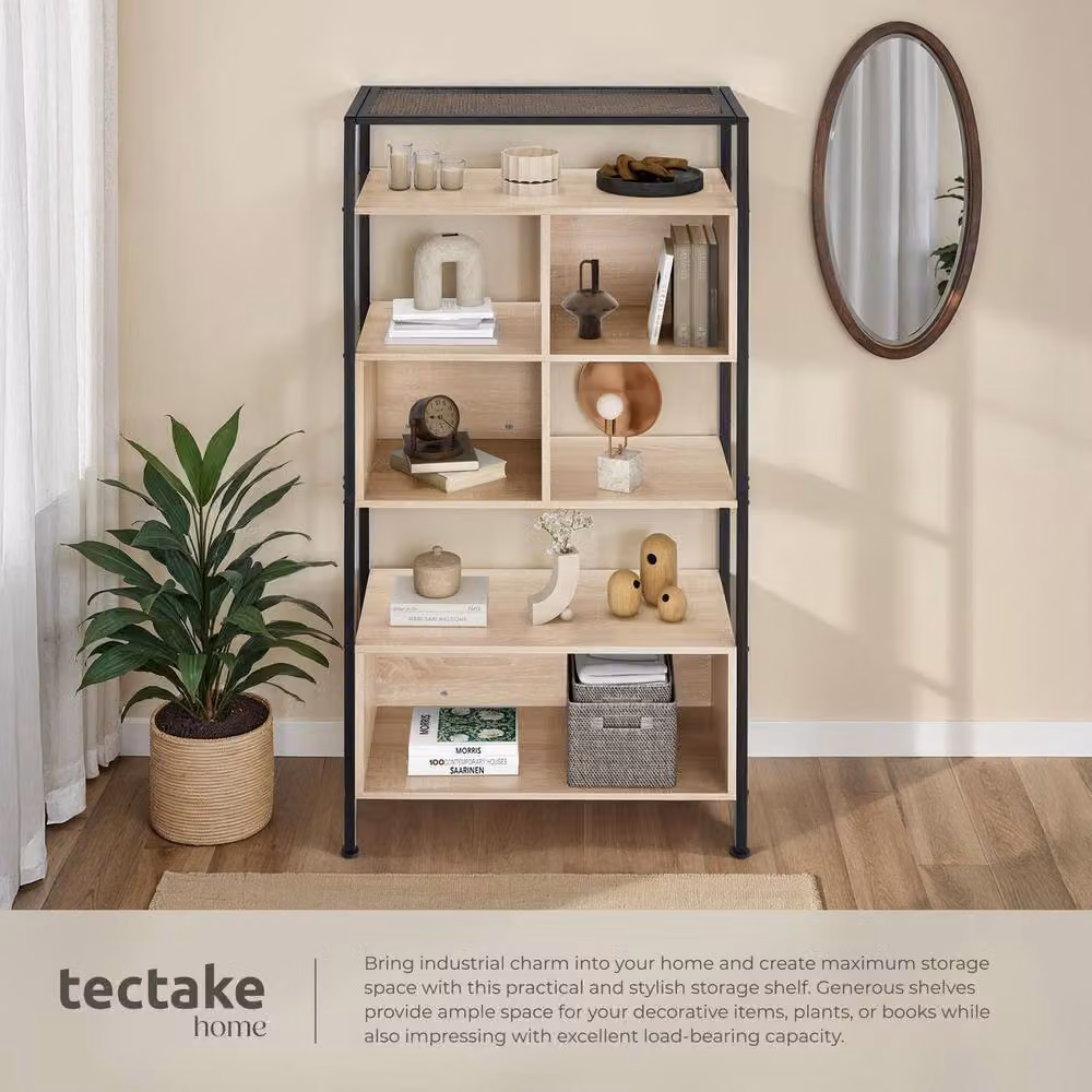 tectake Hastings Free Standing Shelf with 5 Tiers and 3 Storage Compartments in Light Brown – 3