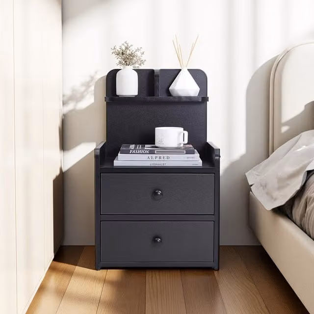 Lifeideas Black Wooden Bedside Table with 2 Drawers and Shelf