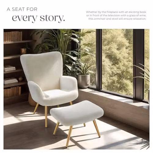 tectake Hygge Armchair with Ottoman in Cream Bouclé with Gold Metal Legs – 3