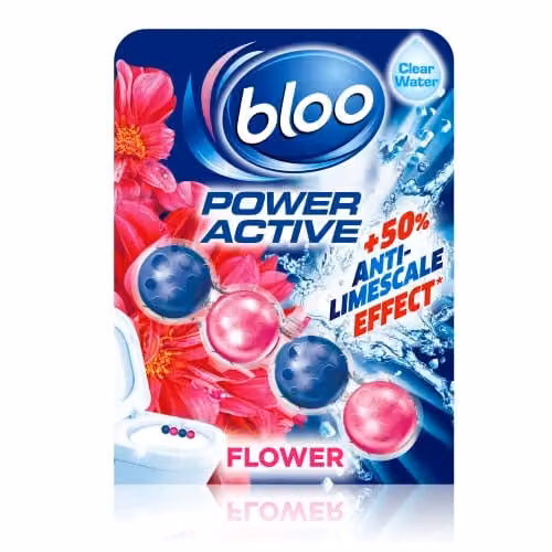 Bloo Power Active Toilet Rim Block Fresh Flowers with Anti-Limescale and Cleaning Foam, Multicolour – 1