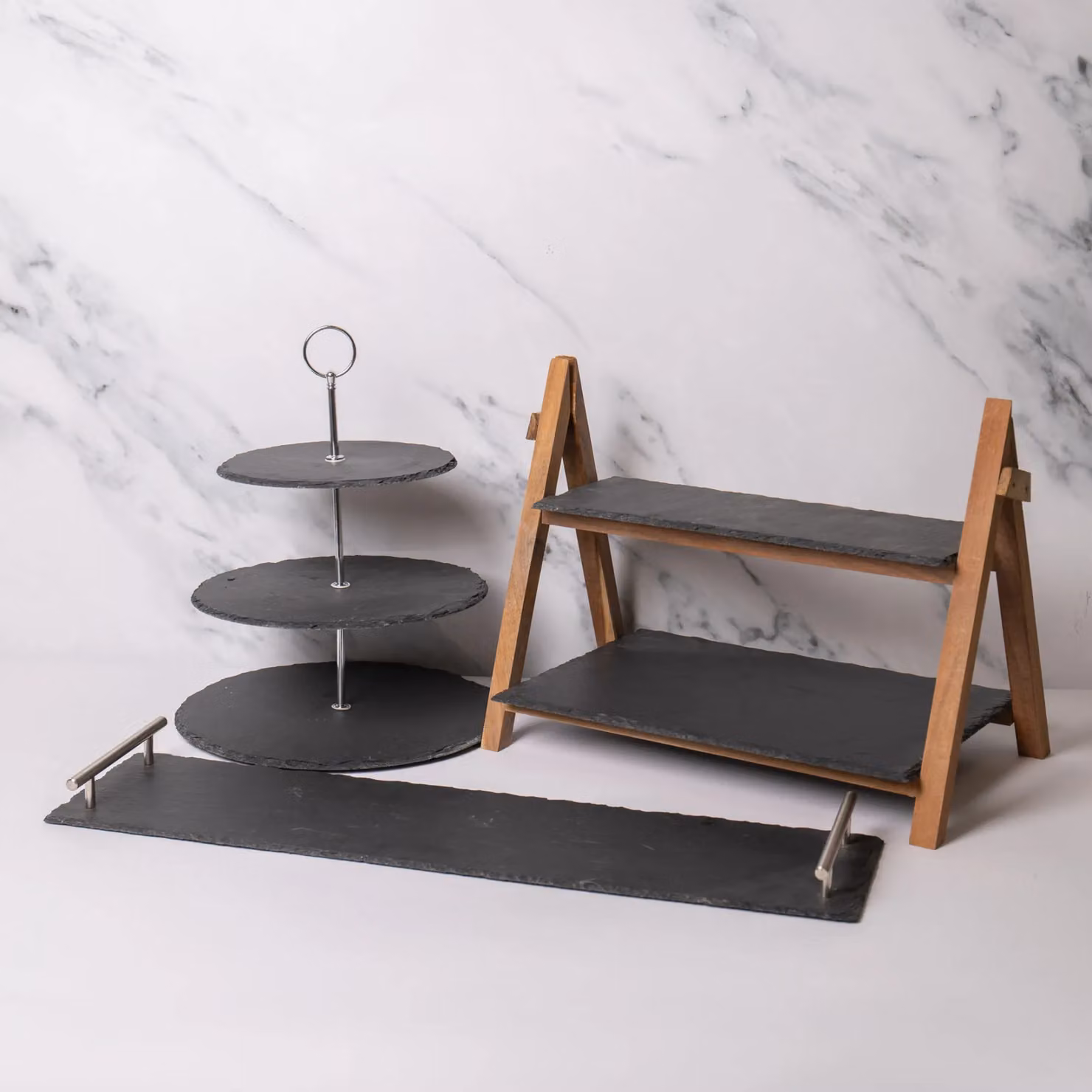 Artesa 3-Piece Black Slate and Wood Serveware Set including 3-Tier Serving Stand, Platter and 2-Tier Serving Stand – 2