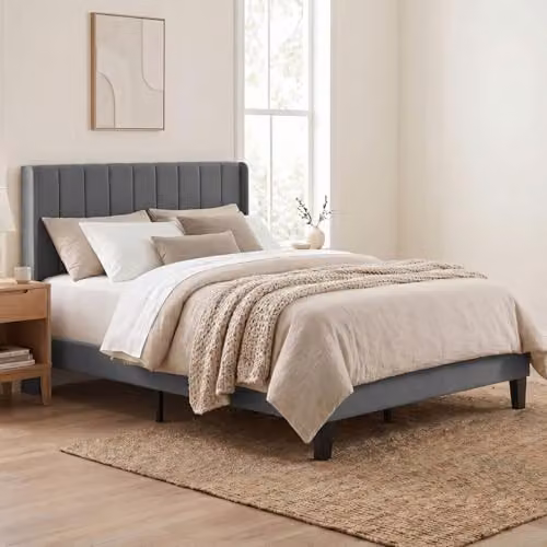 Levede King Bed Frame, Upholstered Platform Bed with Channel Tufted Wingback Headboard in Grey, W/D/H: 180 x 200 x 104 cm – 1