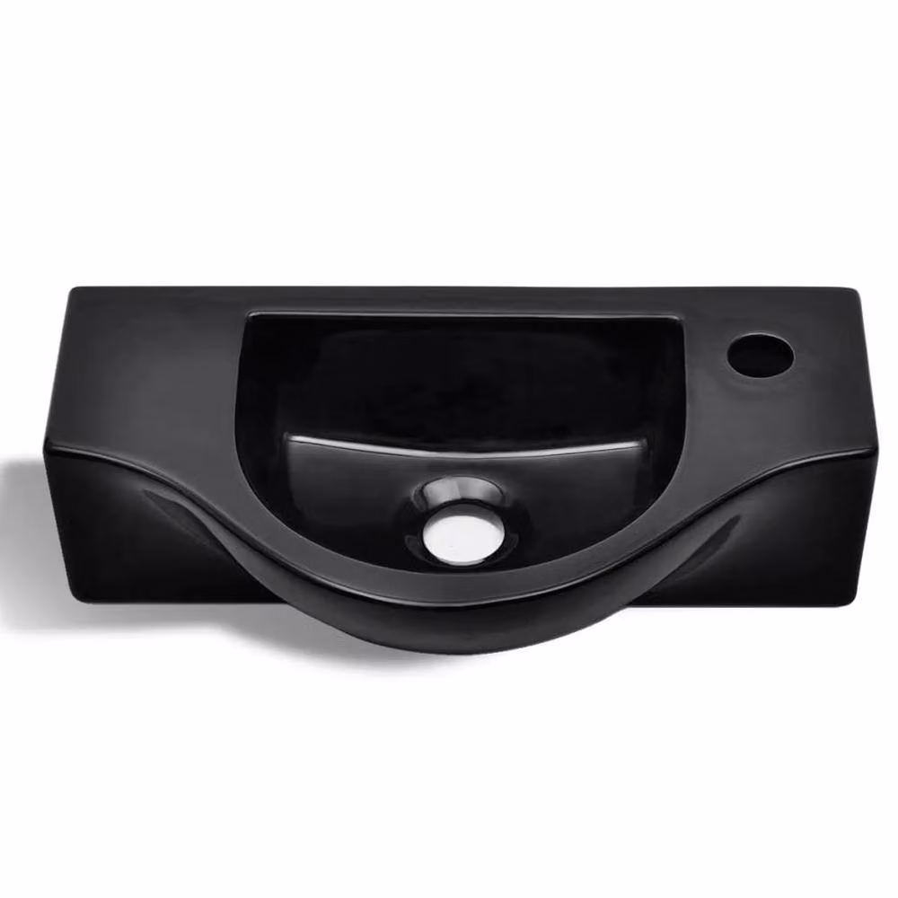 Berkfield Home Black Ceramic Wall Mounted Bathroom Sink Basin with Faucet Hole – 3