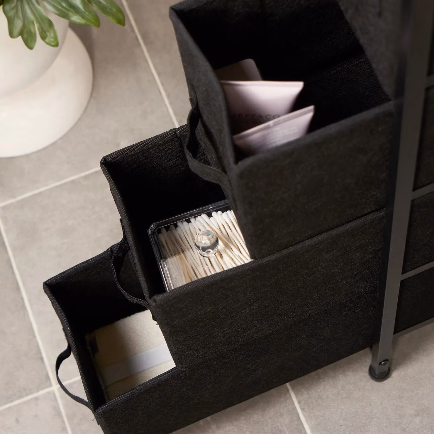 OHS Narrow 4 Drawer Fabric and Metal Storage Cabinet Bedside Table in Black – 2