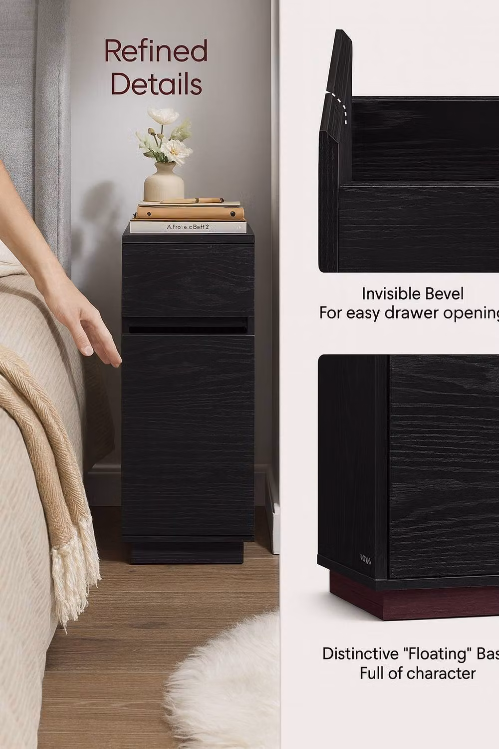 Pirlo Plush Black Square Bedside Nightstand with 2 Drawers and Shelf – 5