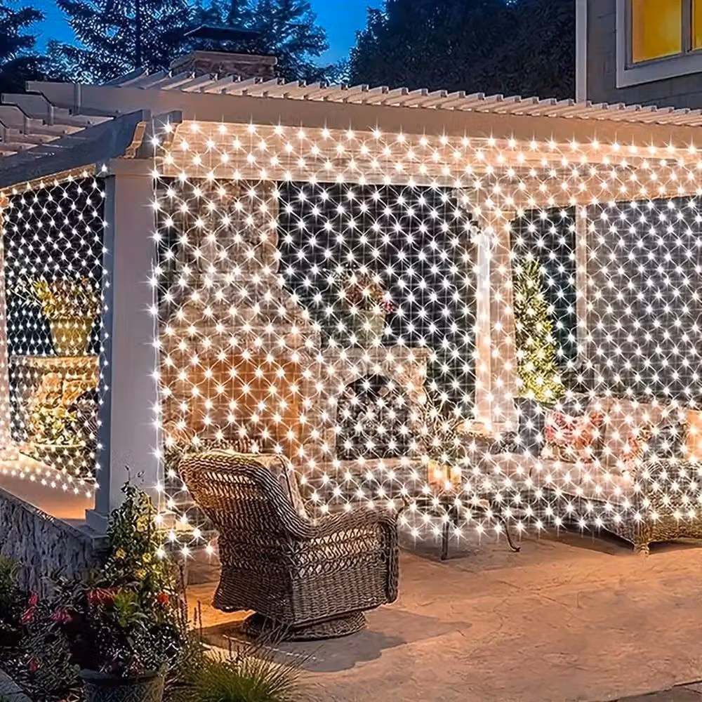 FLAVORA Solar LED Net Mesh Curtain Fairy String Lights in Black with Remote Control and Timer, Warm White – 6