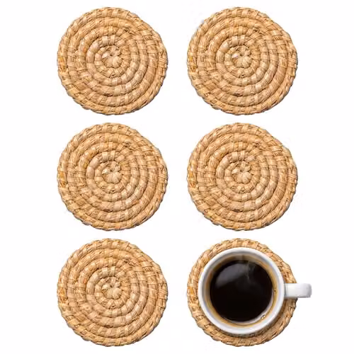 Argon Tableware Round Woven Palm Leaf Coasters, Set of 6, Brown or Beige, Diameter: 10 cm – 1