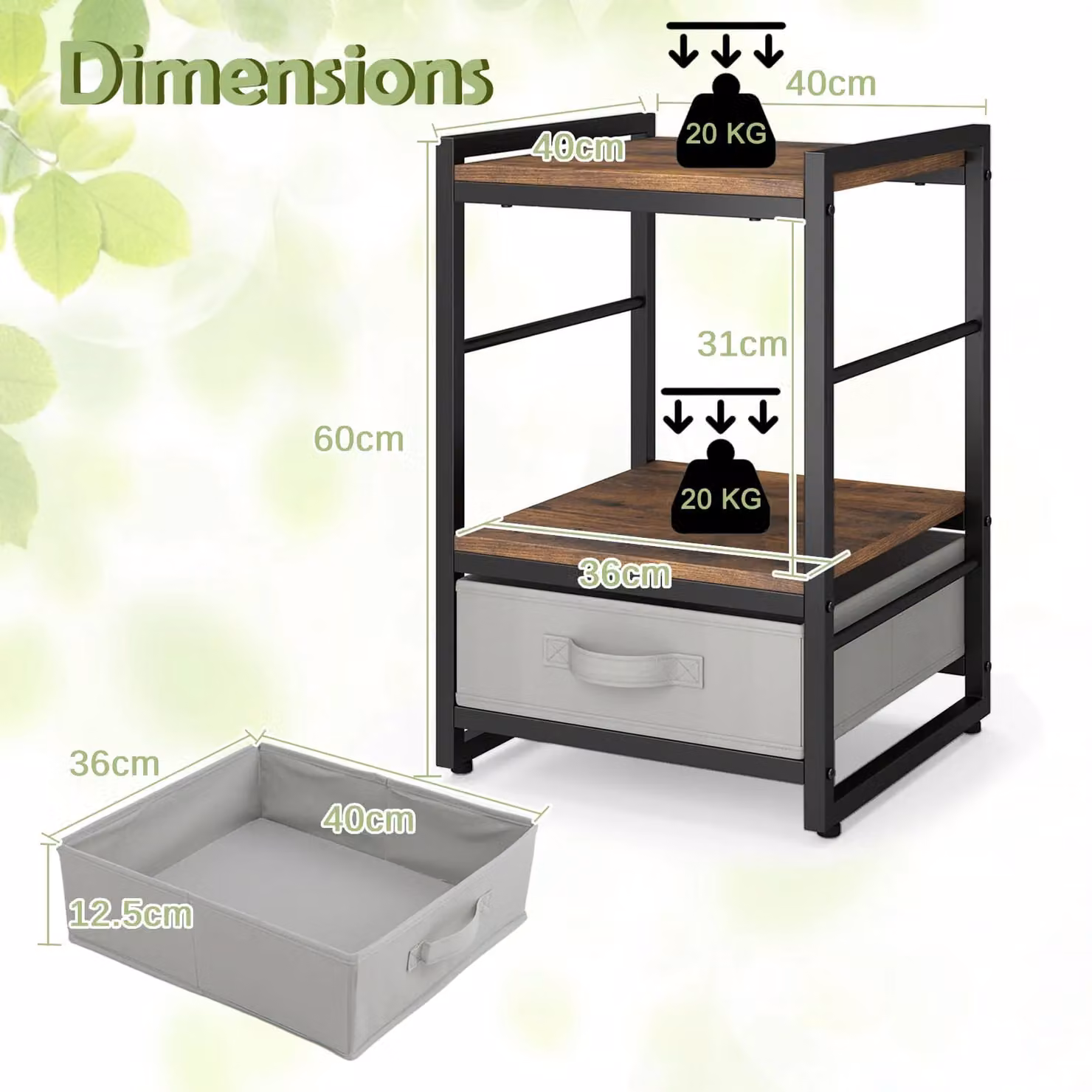 Costway Bedroom Nightstand Bedside Table with Fabric Drawer and Open Shelf in Brown and Black – 2