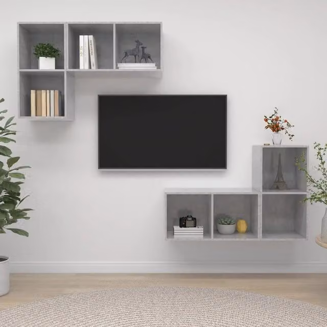 Berkfield Home Set of 4 Modern Wall-mounted TV Cabinets in Concrete Grey Matt Engineered Wood – 1