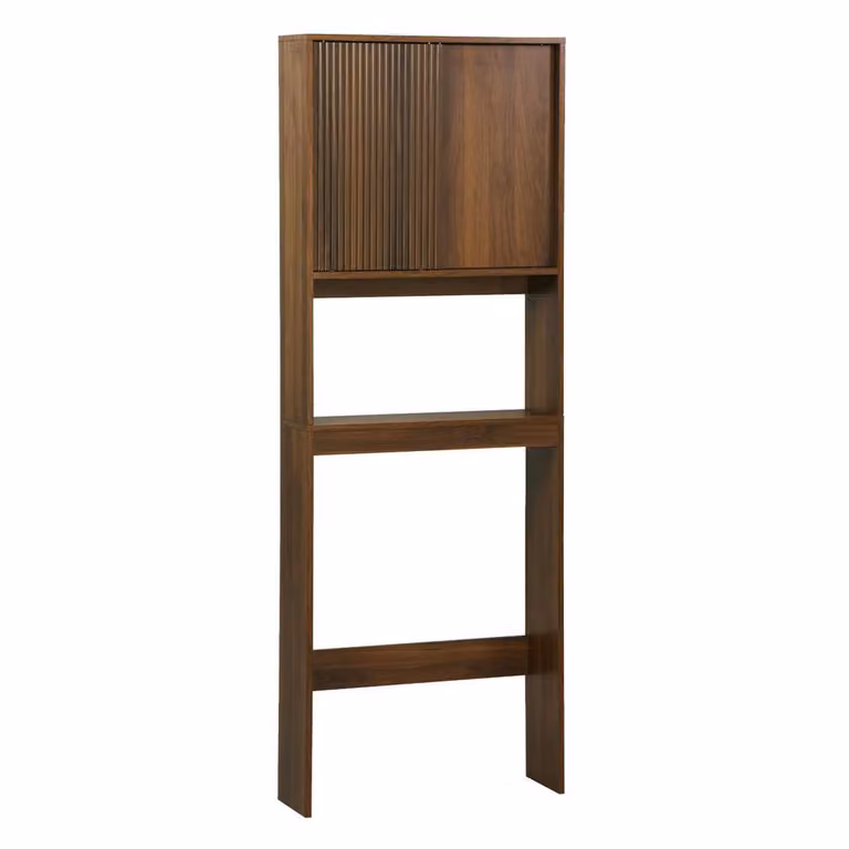 sweeek Scandinavian Freestanding Bathroom Shelf with Sliding Doors in Dark Brown, H 180 x W 64 x D 18.4 cm