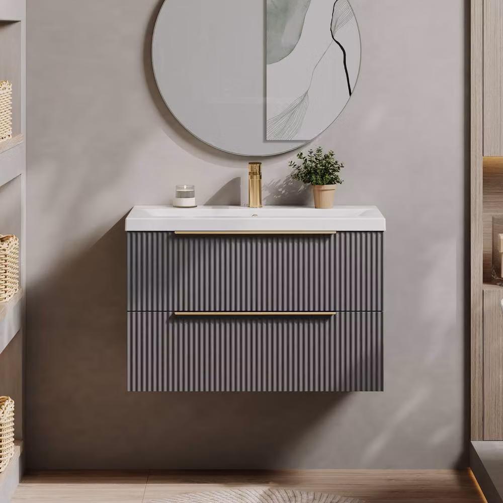 Balterley Fluted Front Wall Hung 2 Drawer Vanity Basin Unit, Satin Grey, W: 80 cm – 2