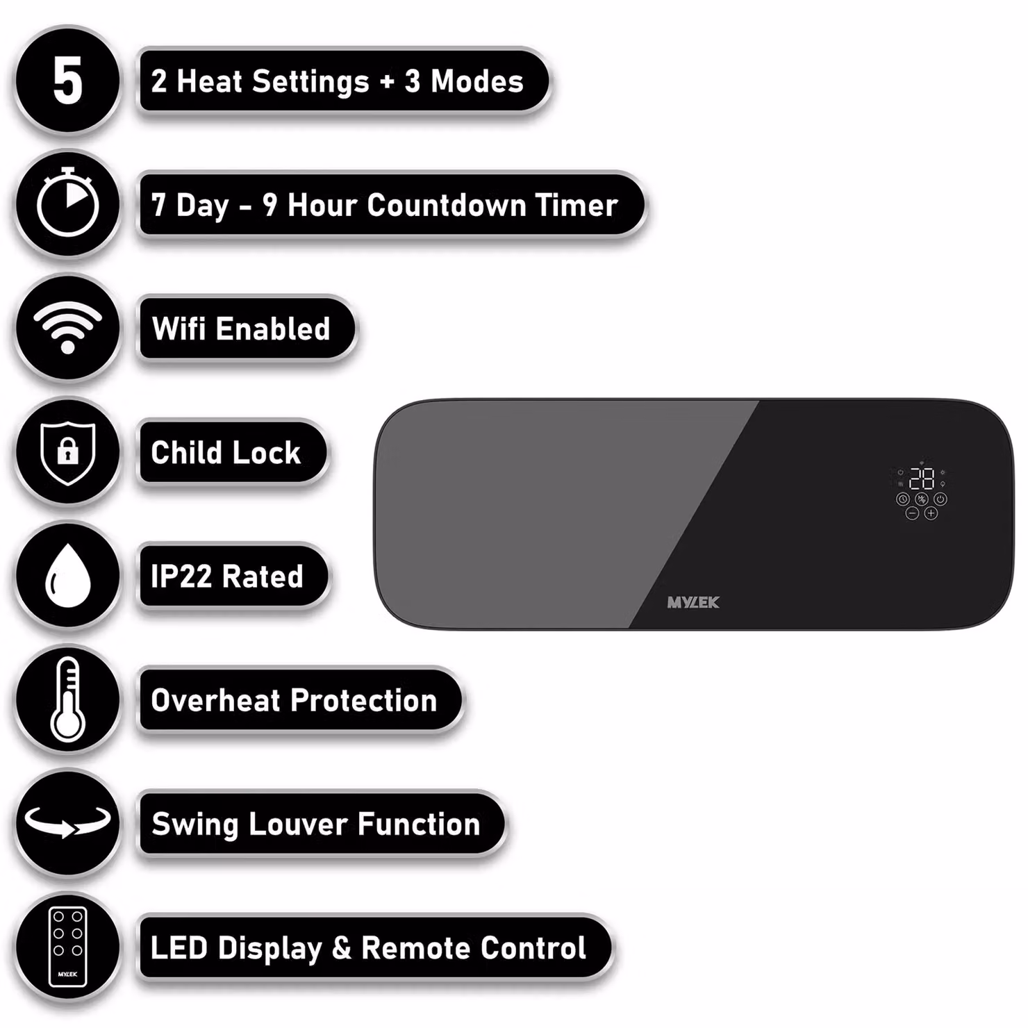 MYLEK Glass Overdoor Air Curtain Heater Fan, 2kW Ceramic PTC with Wifi App Control and Timer, Black – 2