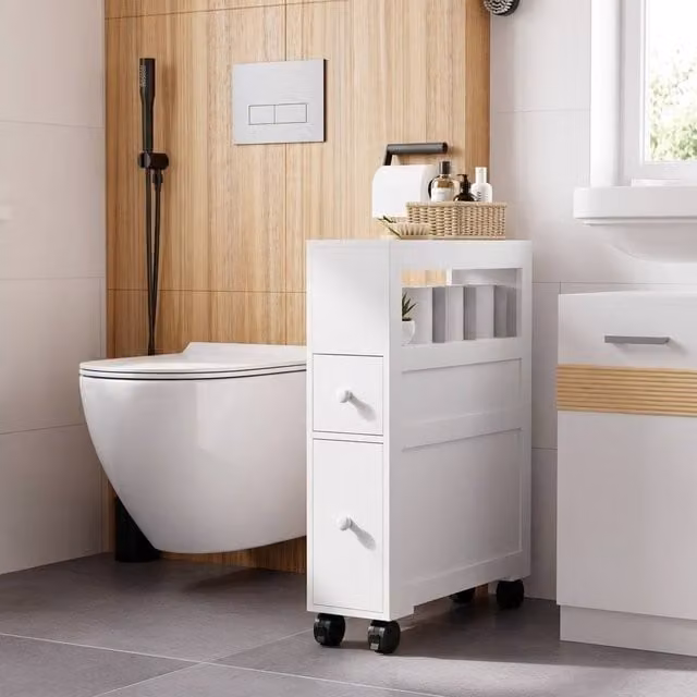 STILVORA Modern White Bathroom Storage Unit with 2 Drawers and Wheels – 1