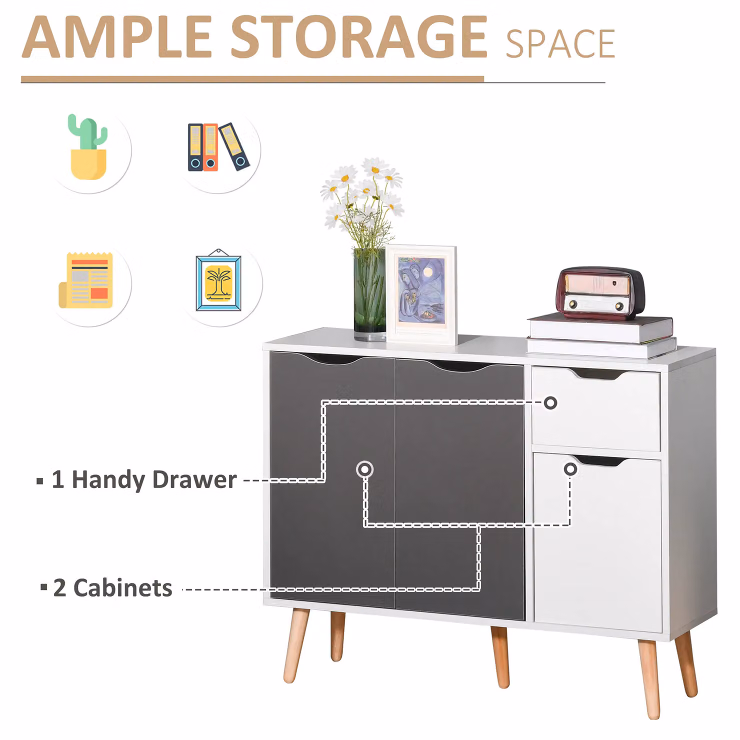 HOMCOM Grey and White Cabinet Sideboard with Drawer for your Bedroom, Living Room or Home Office – 4