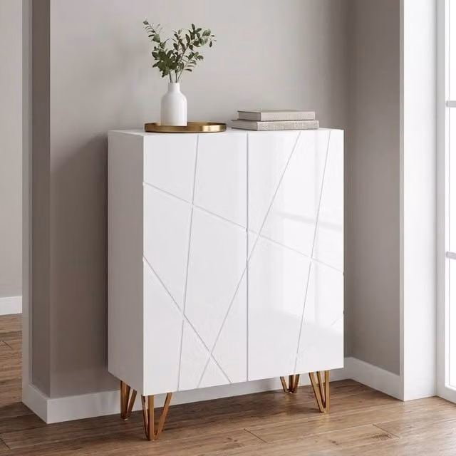 STILVORA Modern Glossy White Narrow Shoe Cabinet with Soft-Close Hinged Doors and Internal Shelves