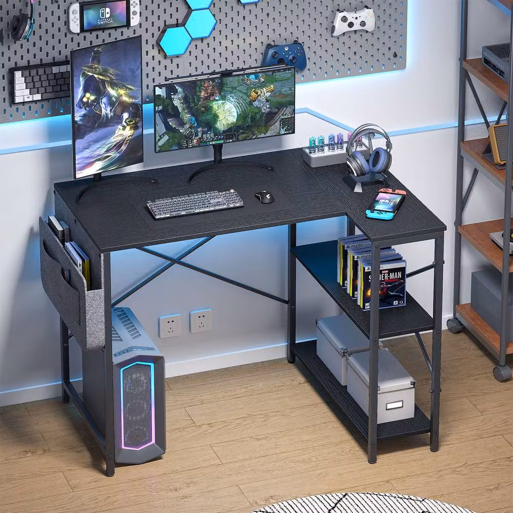 Huhote L-Shaped Corner Computer Desk in Black with 2 Shelves and Storage Bag, W/D/H: 100 x 70 x 75 cm – 4