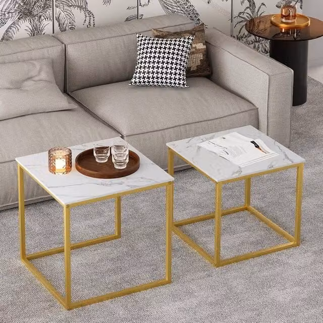 Huhote Set of 2 Modern Nesting Side Tables with Gold Metal Frame and Marble Finish Top