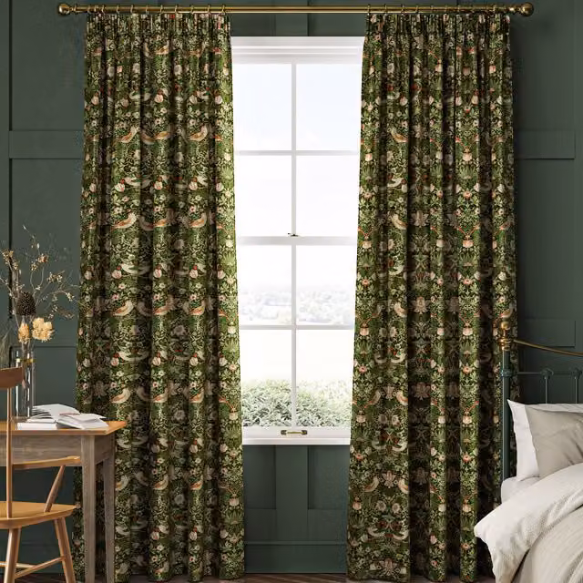 William Morris At Home Strawberry Thief Floral Velvet Made to Measure Curtain in Green