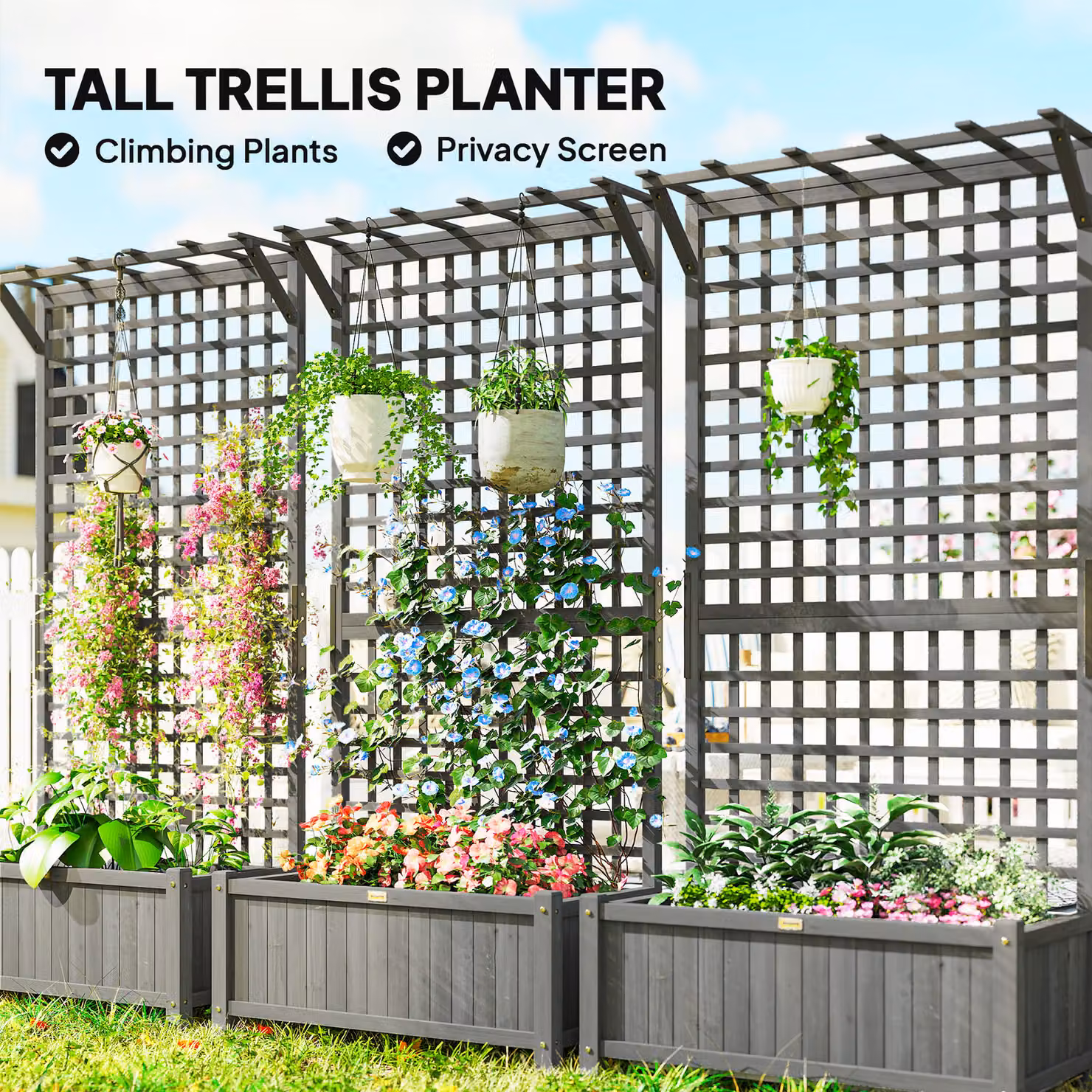 Outsunny Wooden Raised Bed with Trellis and Drainage Holes for Vegetables and Flowers, Dark Grey, W: 183 cm, D: 90 cm, H: 45 cm – 3