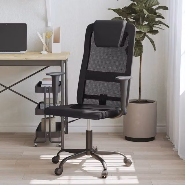 Berkfield Black Mesh Fabric and Faux Leather Swivel Task Chair with Headrest and Armrests – 1