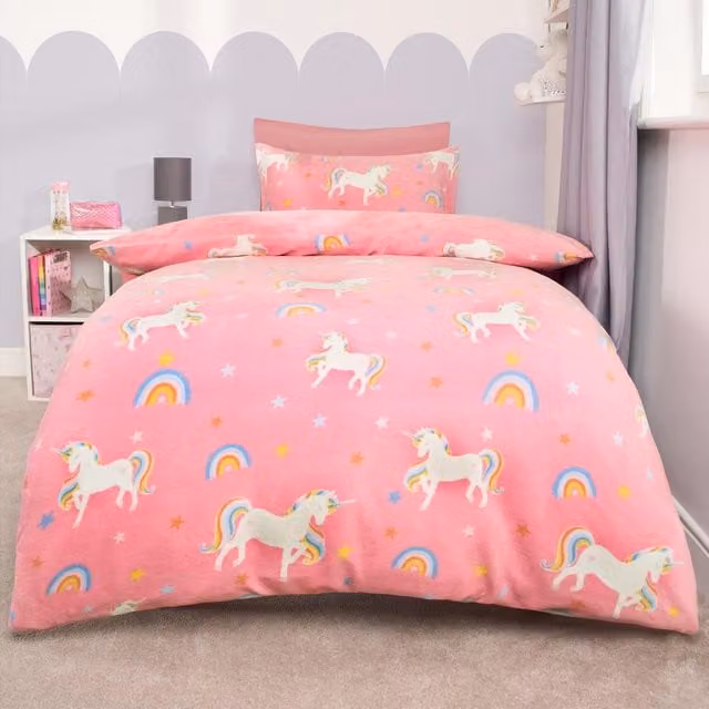 OHS Junior Pink Unicorn Print Fleece Duvet Set