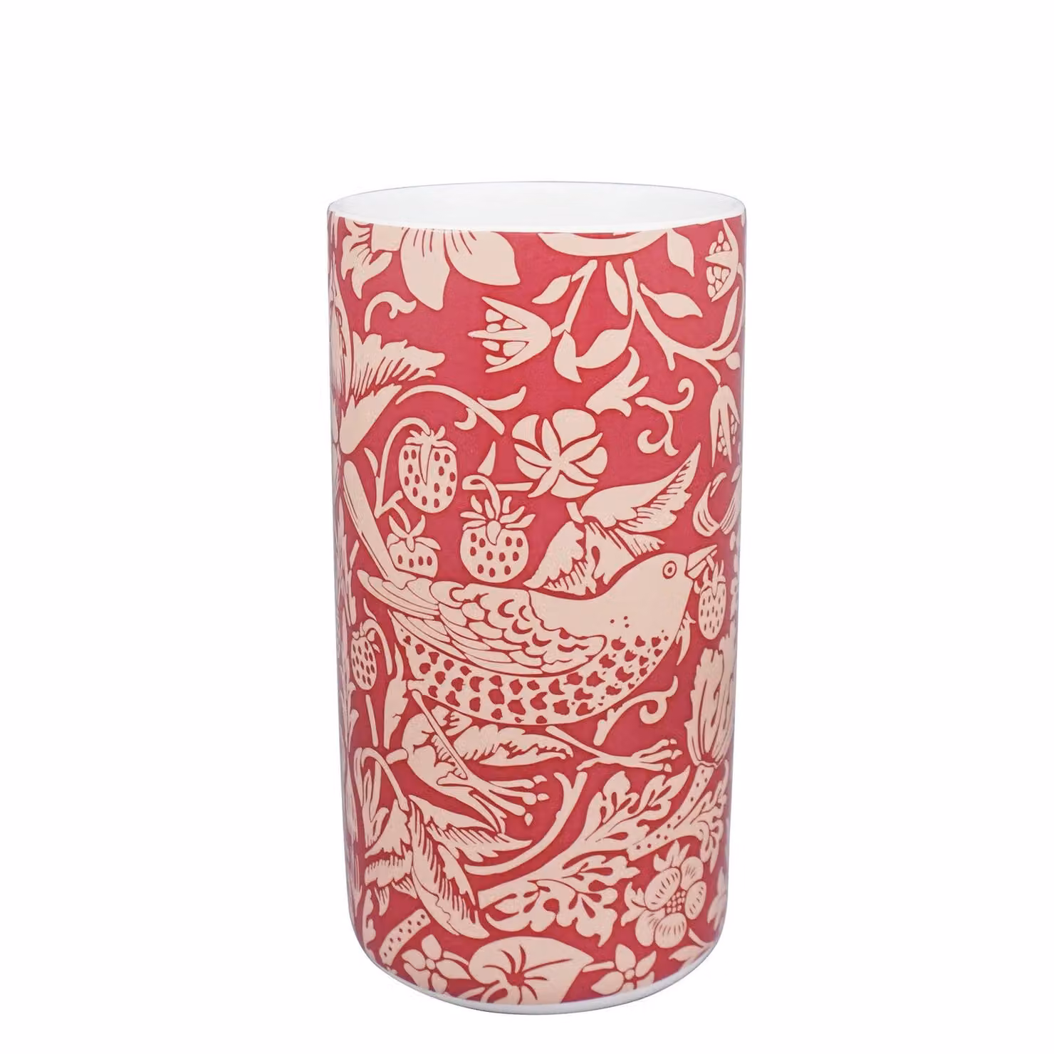 Half Moon Bay Strawberry Thief by William Morris Ceramic Flower Vase in Raspberry Red, H 14.5 cm x W 7.62 cm – 2