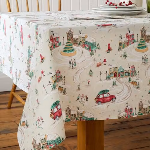 Catherine Lansfield Christmas Town Cotton Rectangular Tablecloth in Beige and Multicolour, W: 137 cm, D: 229 cm – 1