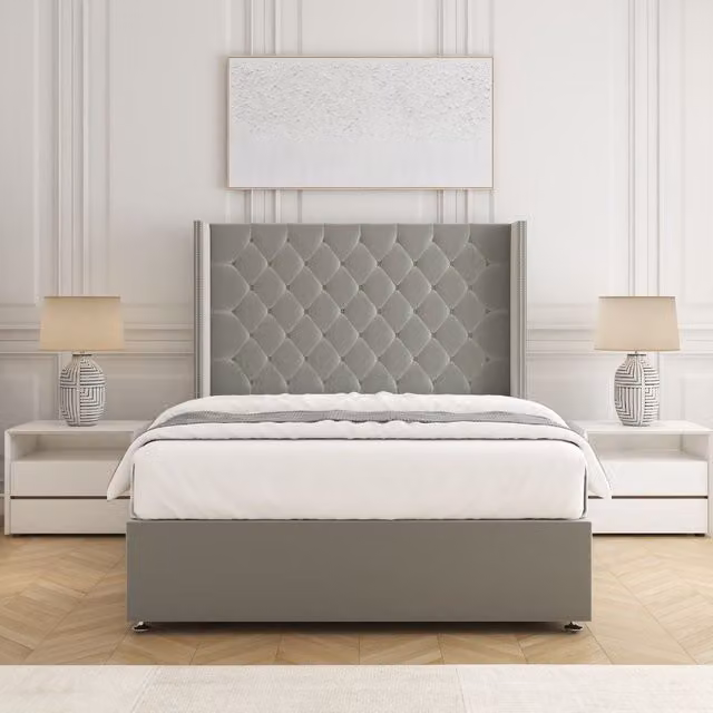 BSSPOKE Olivia Plush Velvet Divan Bed Set with 54 inch Headboard and Mattress in Silver, Double Size, W/D/H: 140 x 200 cm