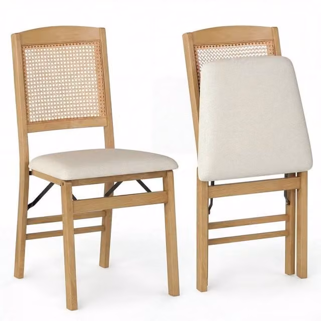 Kelvenix Set of 2 Rustic Beige Wooden and Rattan Folding Chairs – 1