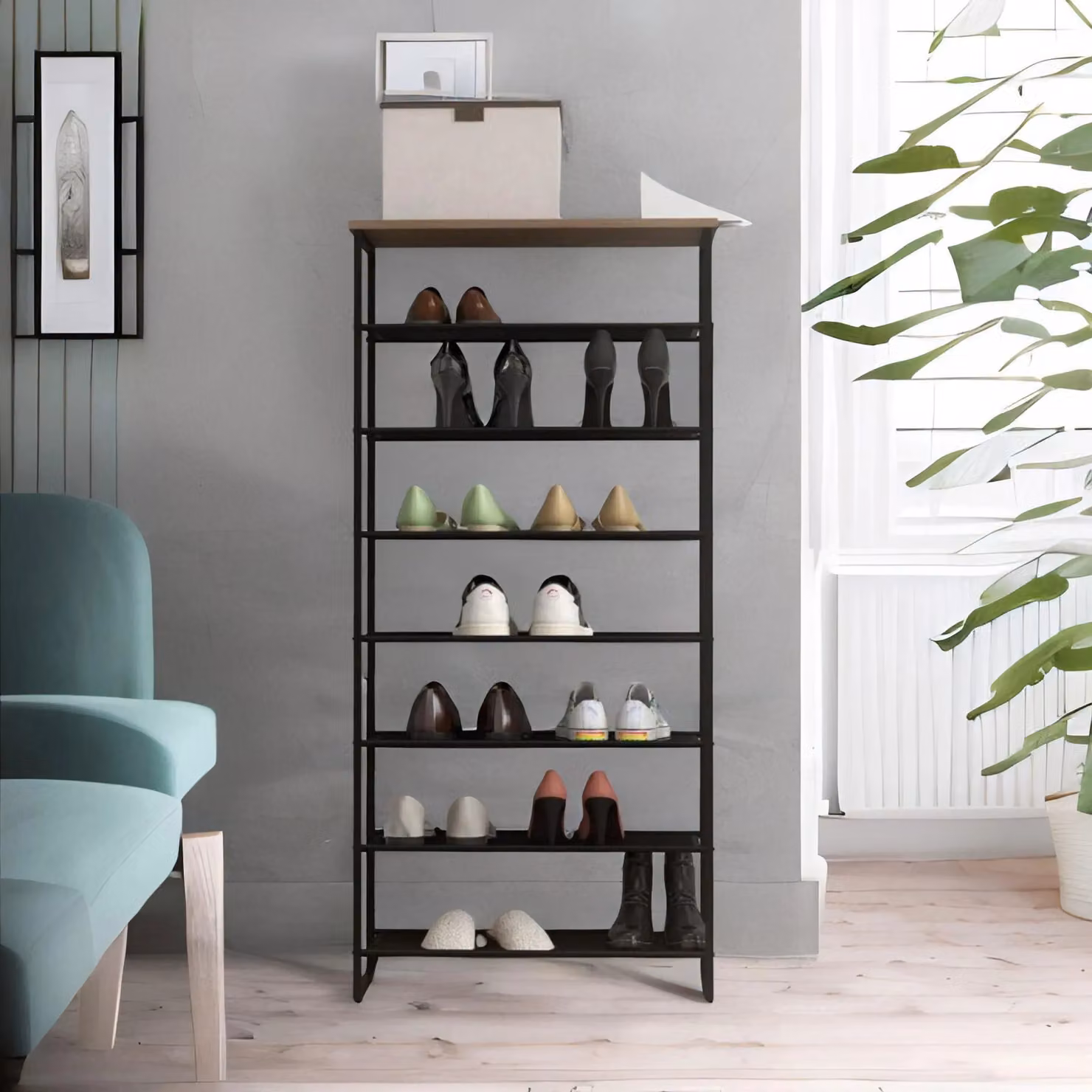 FURNOS 8-Tier Industrial Vertical Metal Shoe Rack with Mesh Shelves in Grey, H 126.0 x W 60.0 x D 28.5 cm – 2