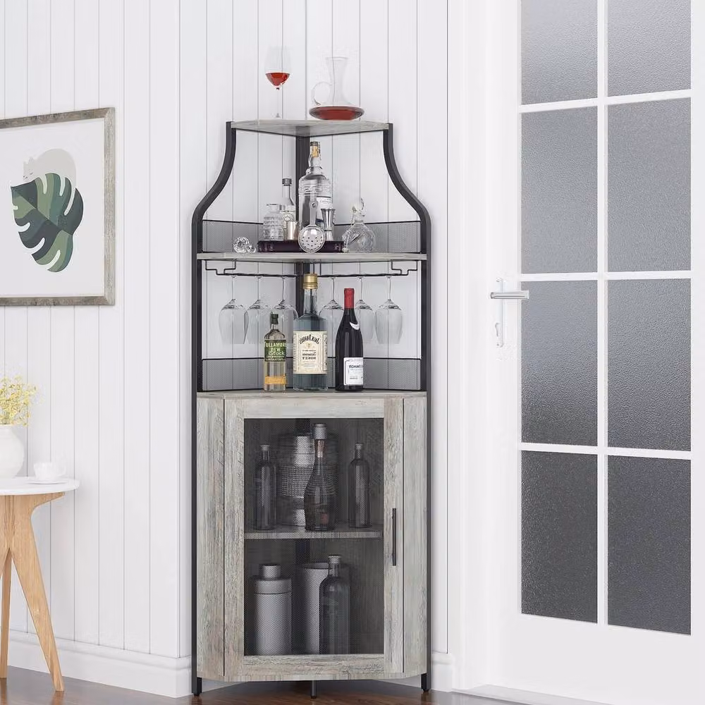 VOGREX Corner Wine Bar Cabinet with Drawer and Storage Shelves in Black and Multicolour, H 152.4 cm x W 47.0 cm x D 46.99 cm – 2