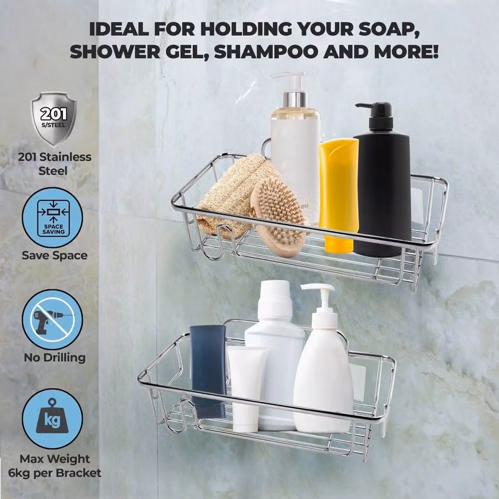 Kelvenix Set of 2 Silver Adhesive Glass Shower Caddy Organisers – 2