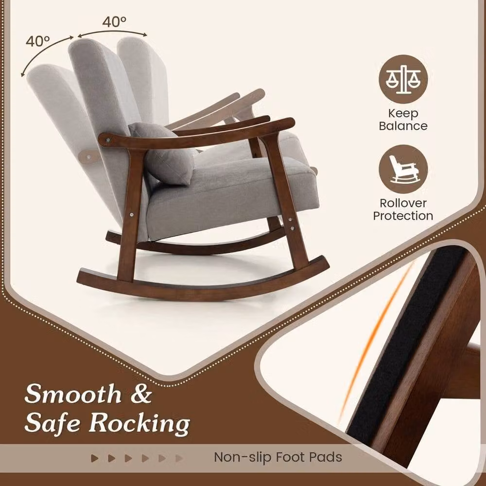 KORVIXA Grey Upholstered Wooden Rocking Armchair with Rubberwood Armrests – 4