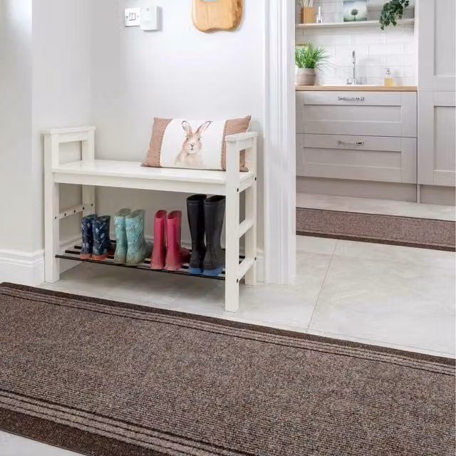 The Rug House Brown Striped Non Slip Hard Wearing Kitchen Utility Runner Rug, Length: 243 cm
