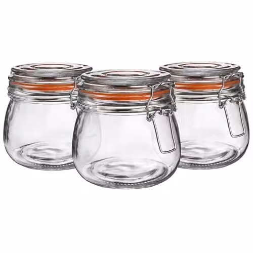 Argon Tableware Glass Storage Jars with Airtight Clip Lids, Set of 6, 500ml, Transparent and Orange