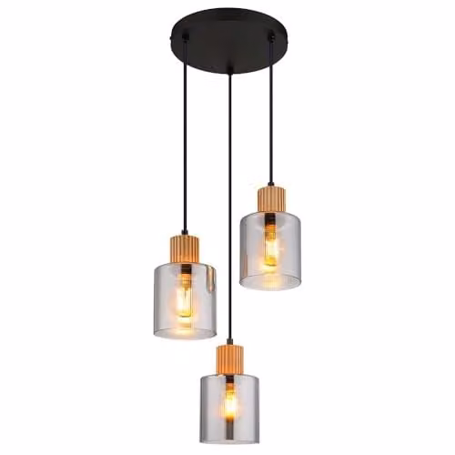Globo Lighting Suspended Dining Room Pendant Light in Black and Brown with Smoke Glass Shades, 3x E27, Height Adjustable – 1