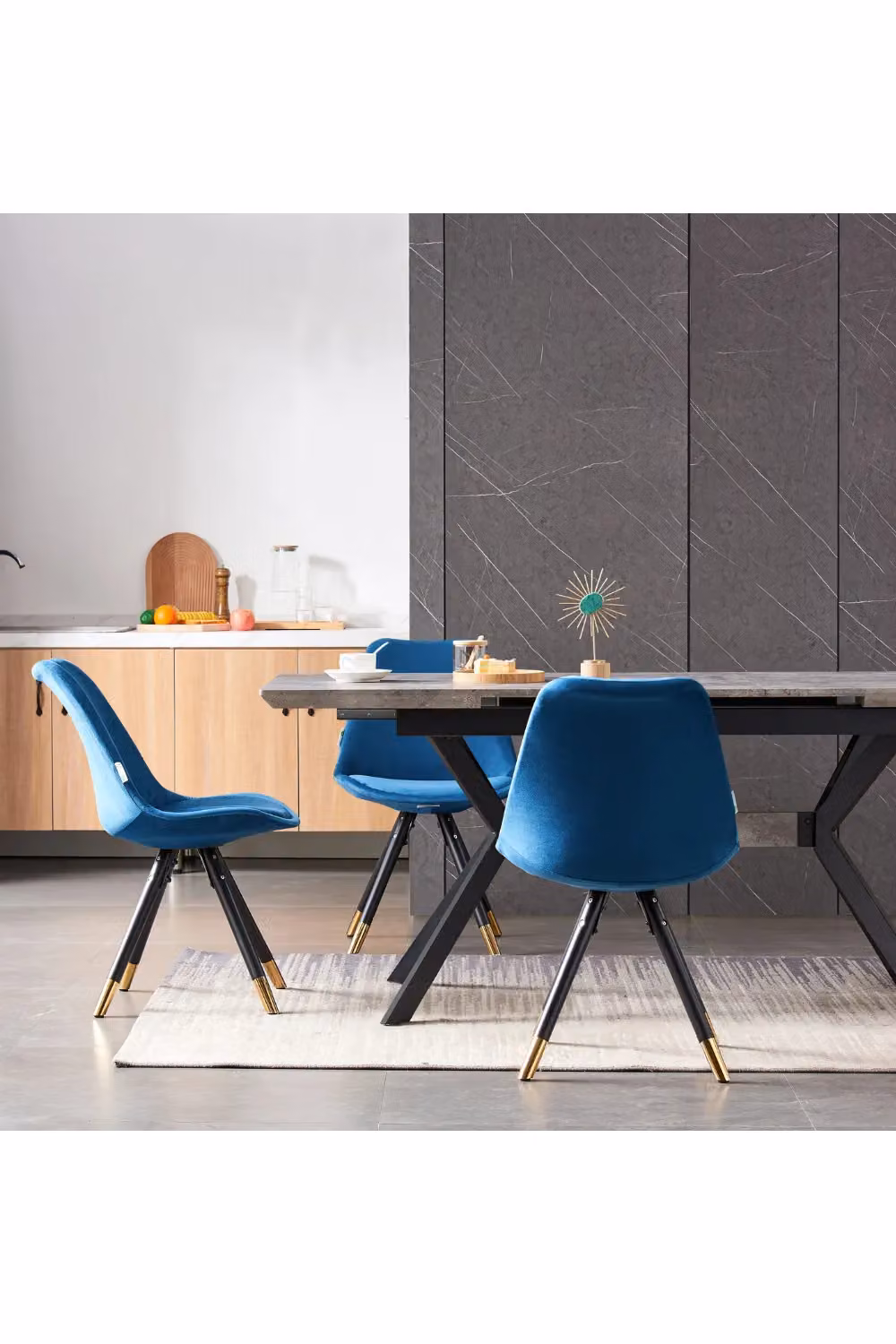 Life Interiors Sofia Modern Ergonomic Dining Chair Upholstered in Blue Velvet with Gold End Cap Metal Legs – 5