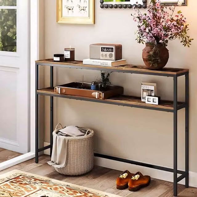 The Bazaarist Modern Long Console Table with 2 Shelves in Brown and Black, W: 120 cm, D: 30 cm, H: 80 cm
