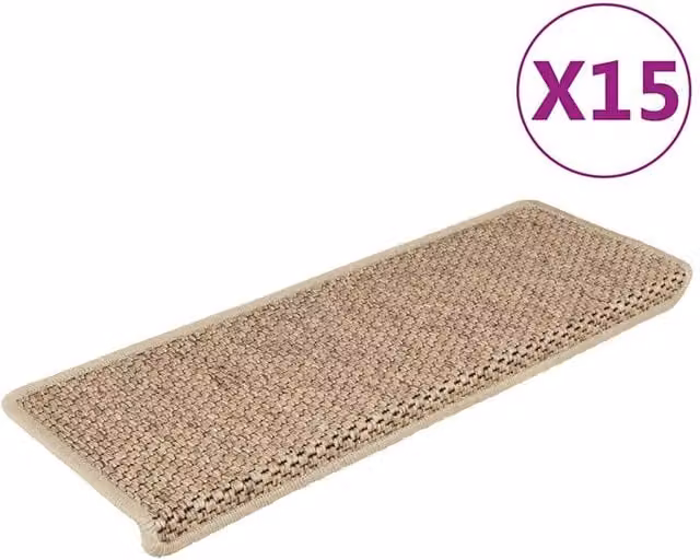Berkfield Home Self-adhesive Sisal-Look Stair Mats, 15 Pieces, Beige Sand, W/D/H: 65 x 21 x 4 cm