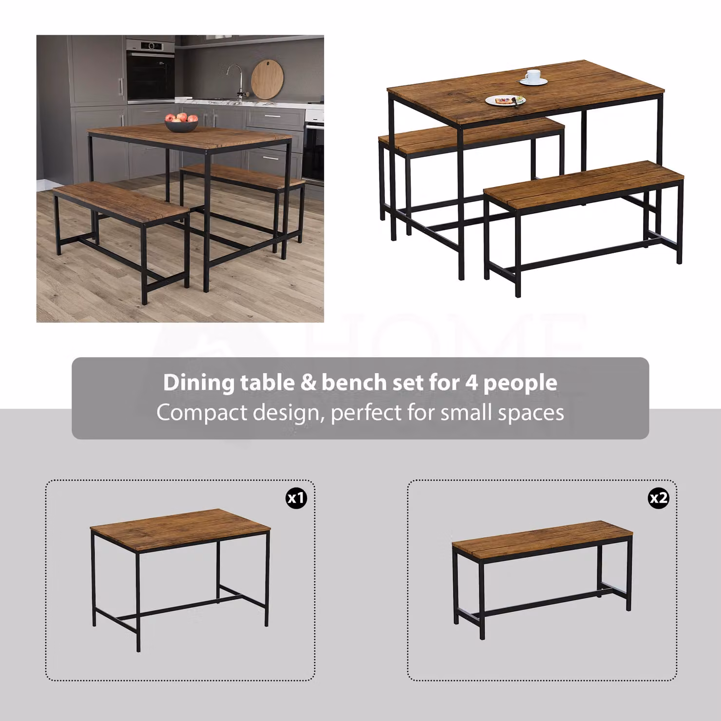 Vida Designs Roslyn 4 Seater Dining Table and Bench Set in Brown – 4