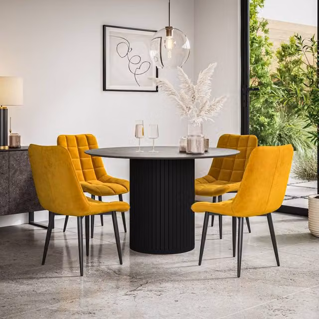More4Homes Arlo Round Concrete Dining Table with Black Legs and 4 Mustard Yellow Nova Velvet Dining Chairs Set – 1