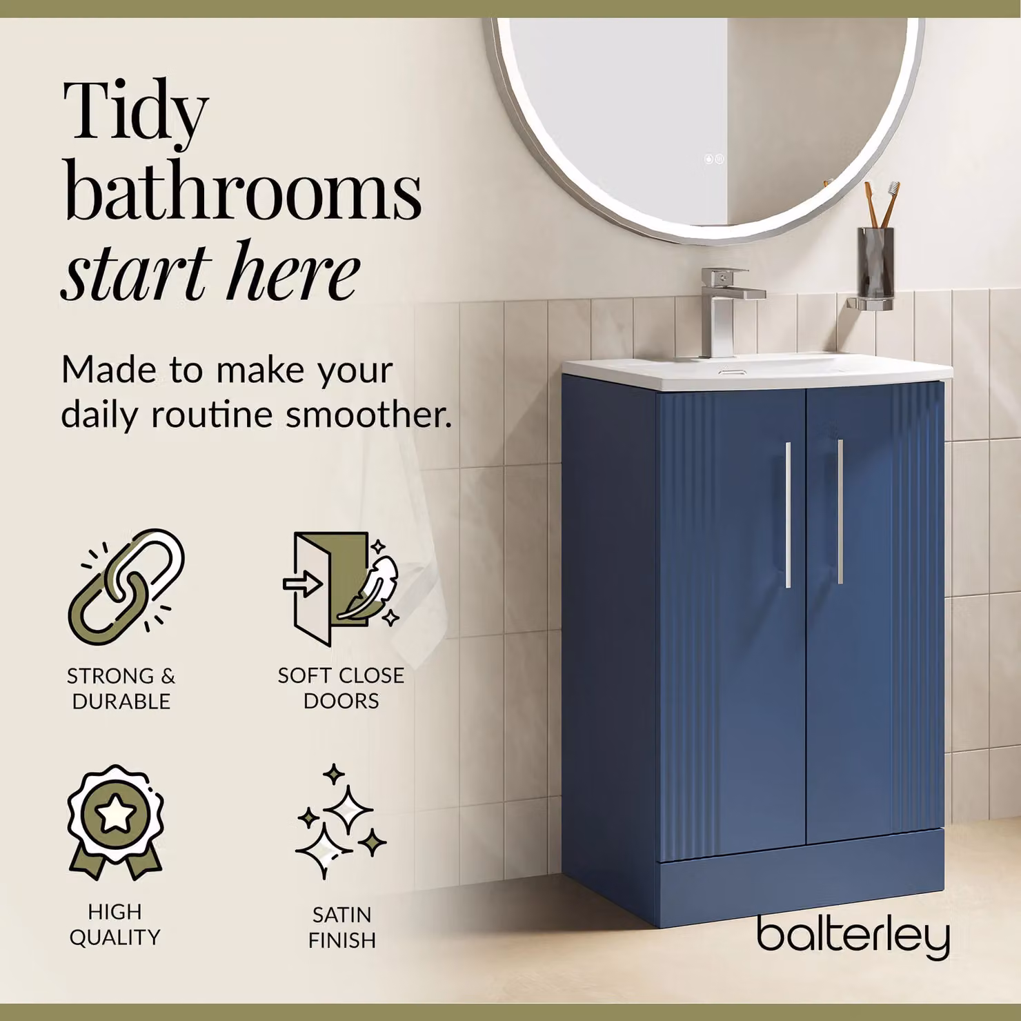 Balterley 2 Door Floor Standing Bathroom Vanity Unit with Curved Basin, Satin Blue – 3
